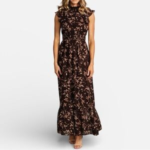 Baltic Born Kearny Ruffle Maxi Dress Chocolate Brown Floral with Shimmery Gold
